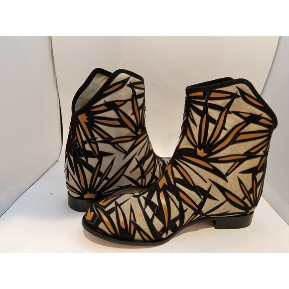 Jimmy Choo boots women Ankle Canvas Linen Black Palm leaf zip 6.5 37 new RARE - Picture 5 of 7